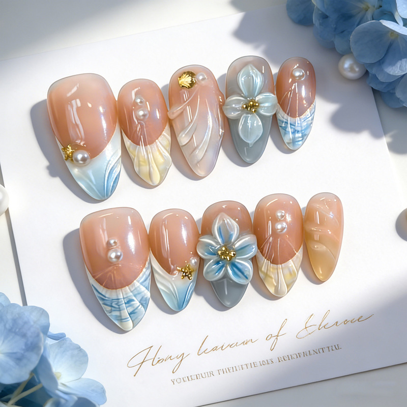 Sweet and simple French-style manicure, 3D carved press-on nails, cross-border fake nails, finished nail pieces