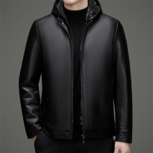 新款海宁皮衣男休闲短款皮衣中年爸爸连帽皮夹克冬季皮毛一体外套