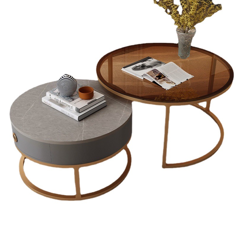 Sala de estar para el hogar, combinación simple de lujo ligero, mesa de roca minimalista, estilo crema, pequeño apartamento, mesa de centro redonda de vidrio italiano