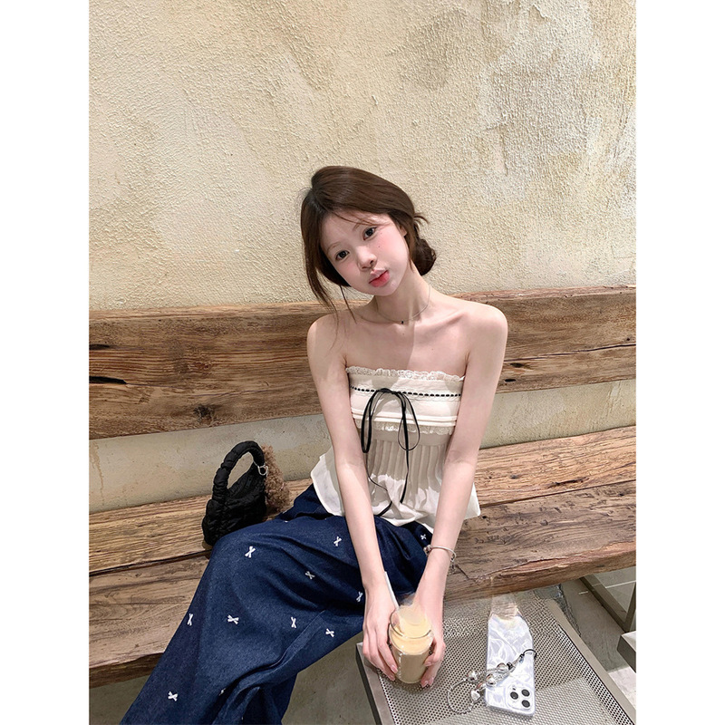 Pure Desire Lace Stitching Strapless Top 2025 Summer New Design Sense Slim-fit Slim-fit Small Shirt Vest for Women