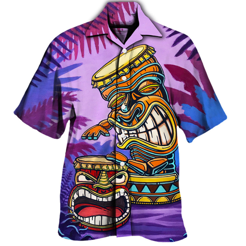 Factory Direct Maya Totem 3D Printed Men's Shirt 2023 Fashion Skull Hawaiian Short-Sleeved Lapel Shirt