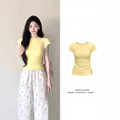 韓国版右肩イエローハイネック半袖Tシャツ女性用2025年夏新作スリムフィット万能ストレッチトップT