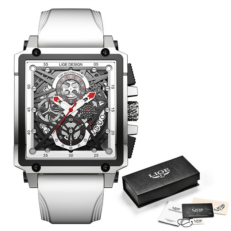 LIGE 8935 cinta deportiva placa cuadrada personalizada creativa cuarzo hueco fresco reloj de los hombres calendario
