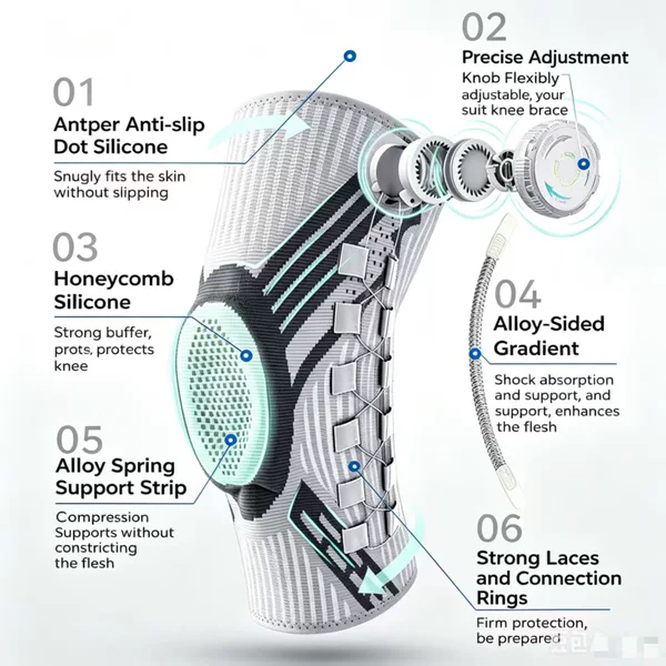 Cross-Border Pressure-Adjustable Knee Brace with Spring Support and Silicone Shock Absorption, Professional Sports Knee Brace for Basketball and Running