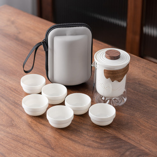 Jade white porcelain travel tea set wholesale a pot of six cups outdoor boutique portable anti-scalding fast guest Cup high-end gifts