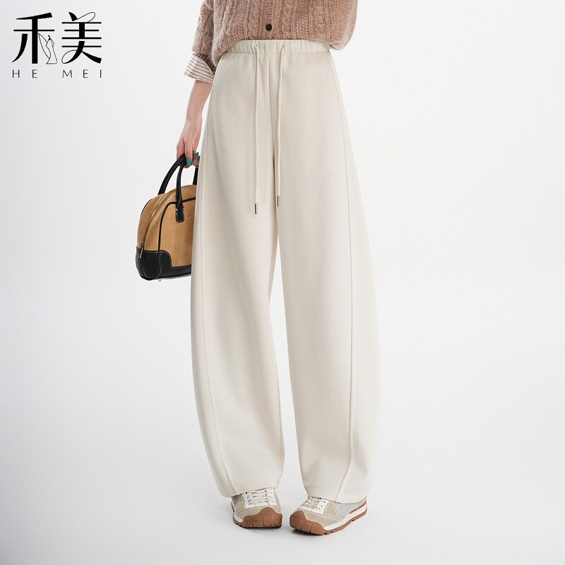Autumn new women's pants: Lyocell cotton wool blend, elastic waistband, wide-leg, loose-fitting, sporty, casual, and warm long pants