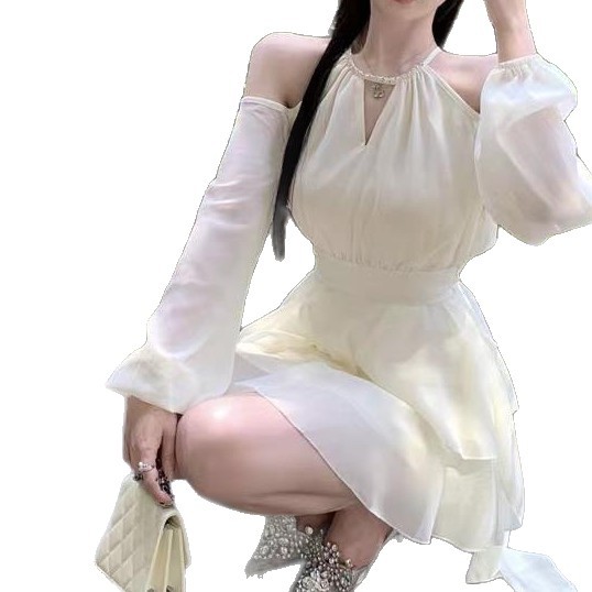 [쉬폰 + 라이닝 + 지퍼] 프랑스 스타일의 살구색 긴 소매 원피스 허리 슬리밍 슈퍼 요정 주름 케이크 스커트