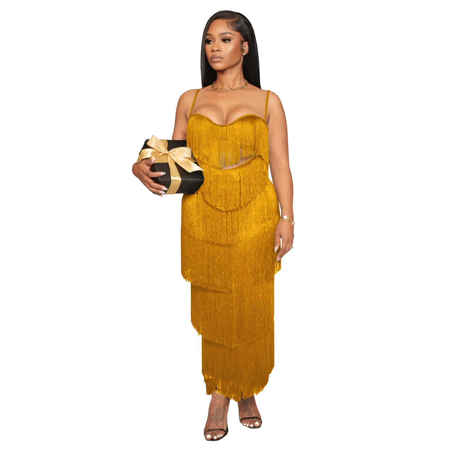 C7431 Cross-border AliExpress Amazon Vestido largo de borla con tirantes sexy para mujer de moda europea y americana