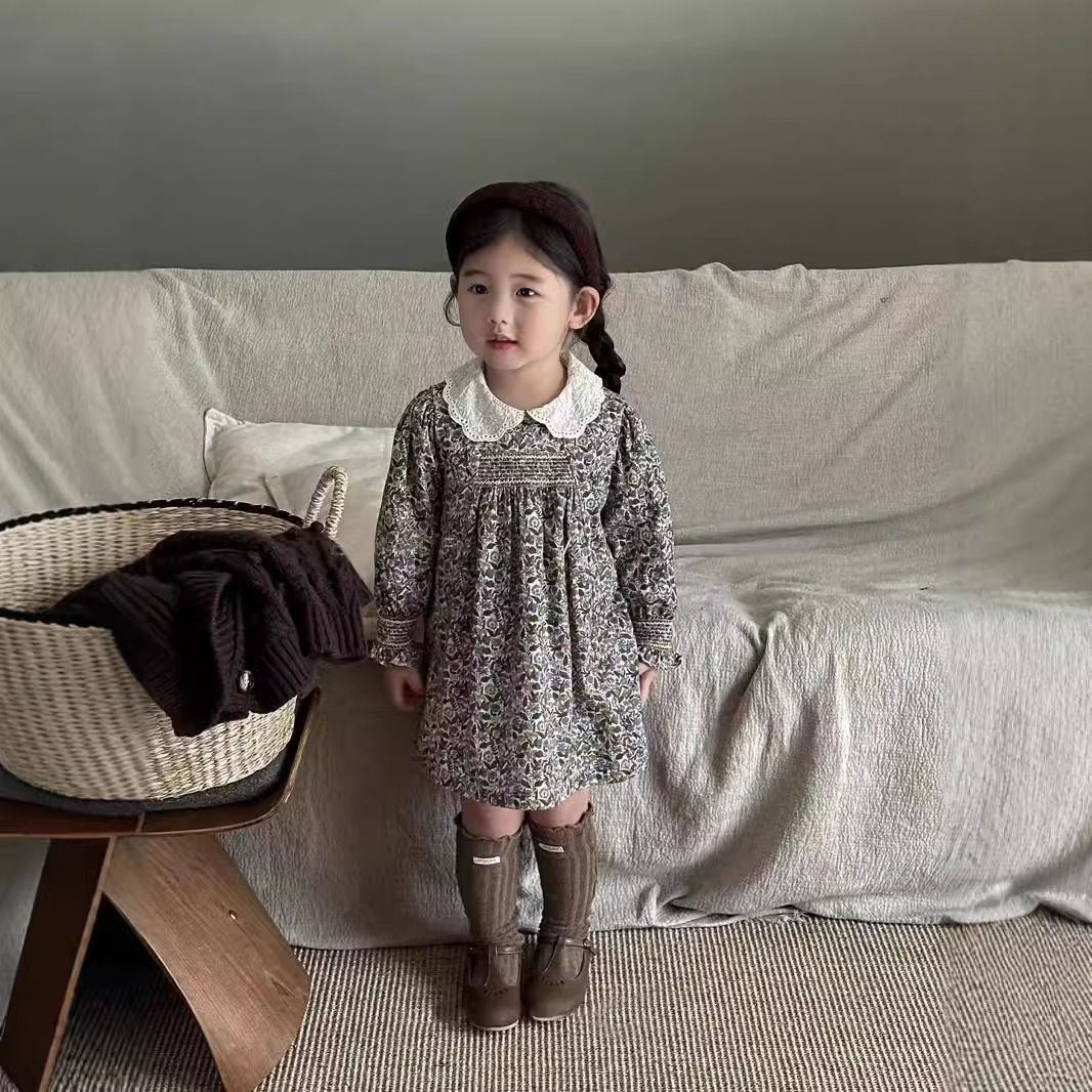 Jella-ropa infantil para niñas, vestido Floral, otoño 2025, nuevo vestido Retro de estilo coreano con mangas largas fruncidas para niños.