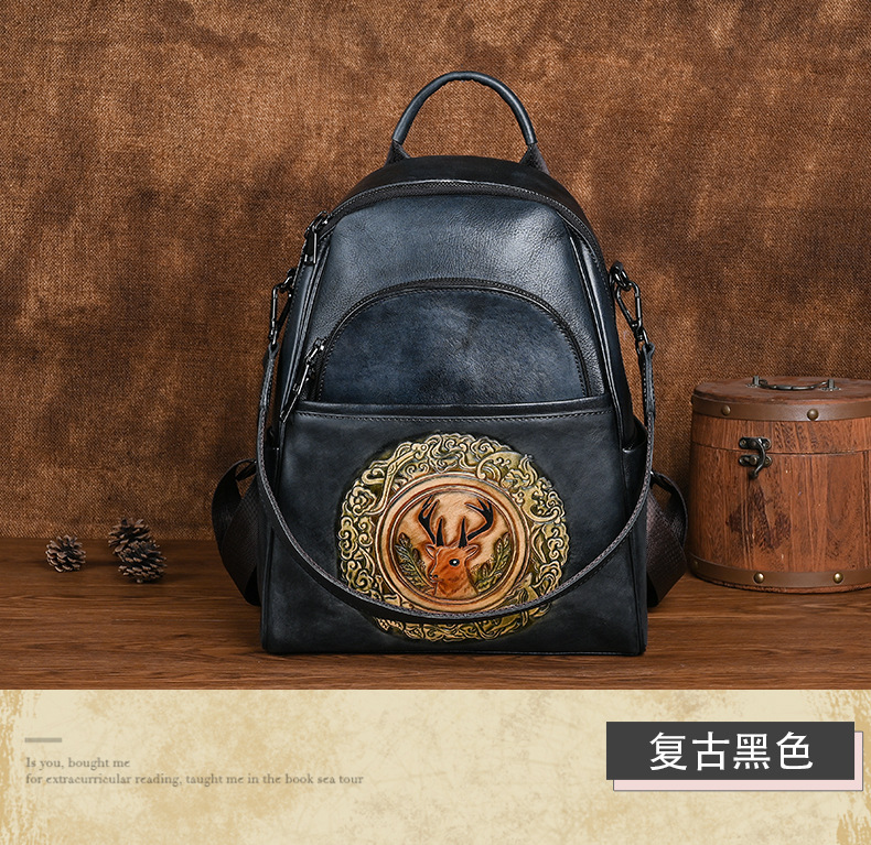 Ba lô da bò nữ cỡ lớn thiết kế đầu hươu phong cách vintage — Màu đen cổ điển, Cà phê cổ điển, Màu nâu cổ điển chi tiết 12