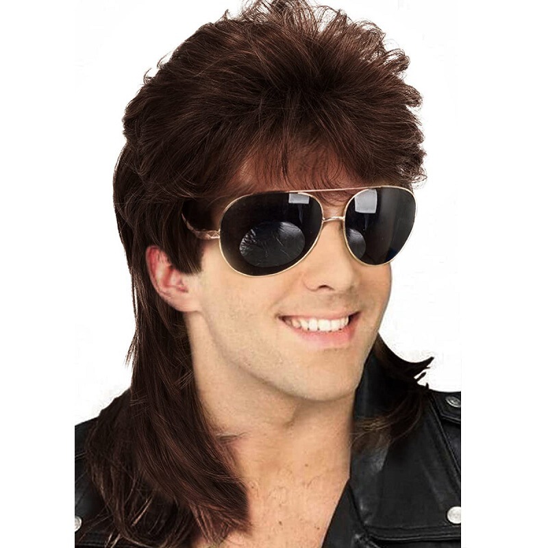 Cross-border European and American Wig Men's mullet wig brown curly hair 80s vintage cosplay Halloween wig set