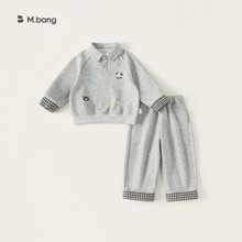 邦选童装男童套装灰色polo领上衣休闲裤儿童两件套小童时尚装
