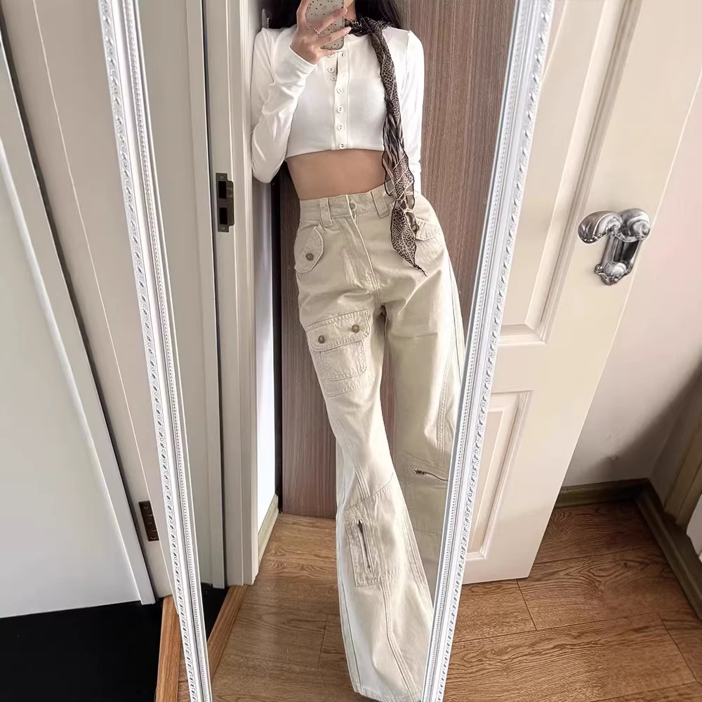 美式多口袋工装牛仔裤女春秋2026新款酷飒风高腰直筒微喇叭阔腿裤