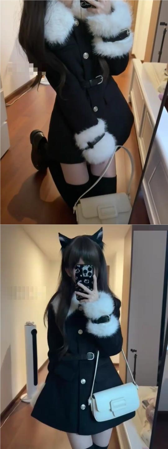 ChicShe College Style Patchwork Woolen With Fur Collar Dress Autumn And Winter, Elegant Waist-Cinching Coat For Rich Socialite_voghion.com