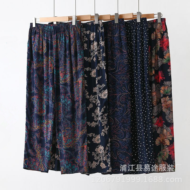 Summer New Women's Cotton Yarn Big Leg Straight Leg Pants Hanging Printed Casual Mom Pants Loose Wide Leg Pajama Pants for Outer Wear