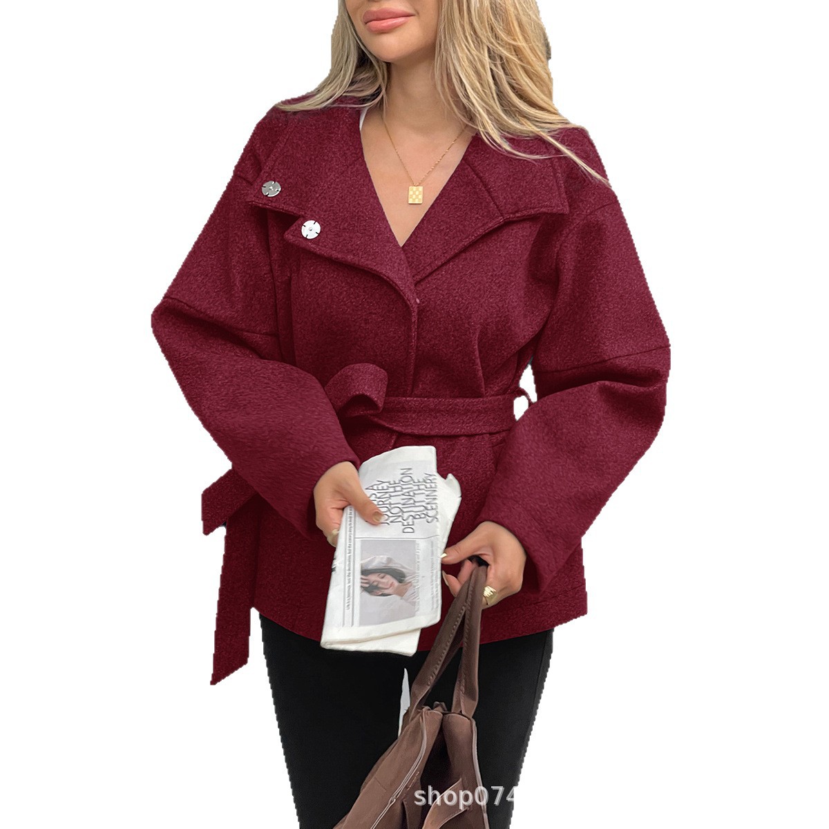 Elegant Belted High-Neck Trench Coat For Women – Timeless Outerwear In Deep Gray & Wine Red Trench Coat_voghion.com