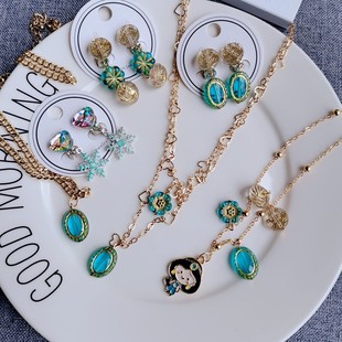 Children's Little Princess Cute Green Necklace Retro Girls Popular Necklace Earrings