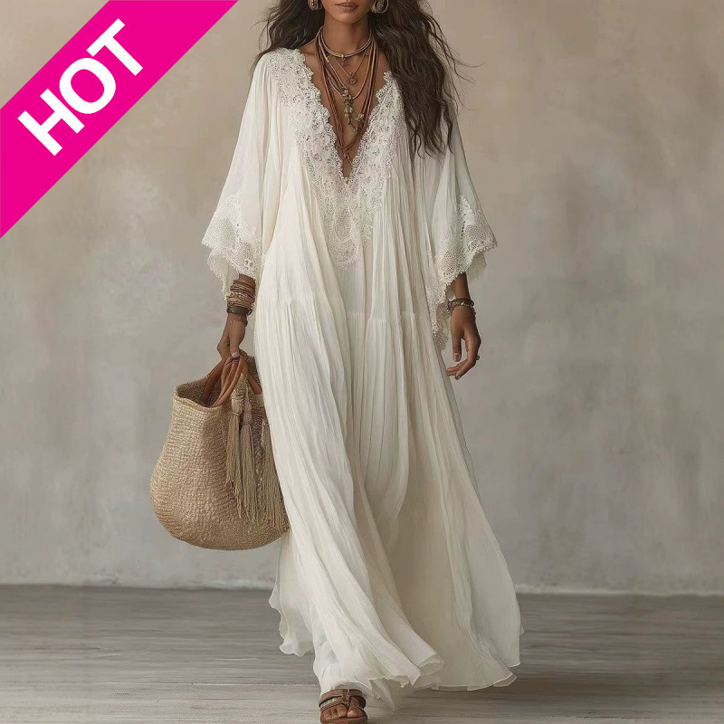 White lace V-neck long dress with bat sleeves, holiday beach dress, fairy-like, ruffled, elegant, and laid-back seaside style White lace V-neck long dress with bat sleeves, holiday beach dress, fairy-like, ruffled, elegant, and laid-back seaside style