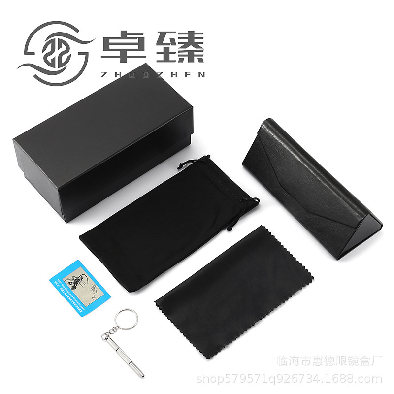 折り畳み眼鏡ケースセット現物工場ロット黒擬小牛皮十字紋三角眼鏡ケース6点セット印刷可能|undefined
