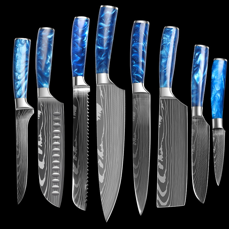 不锈钢套刀蓝色树脂柄厨师刀菜刀日式刀果皮刀厨用刀套装带刀套