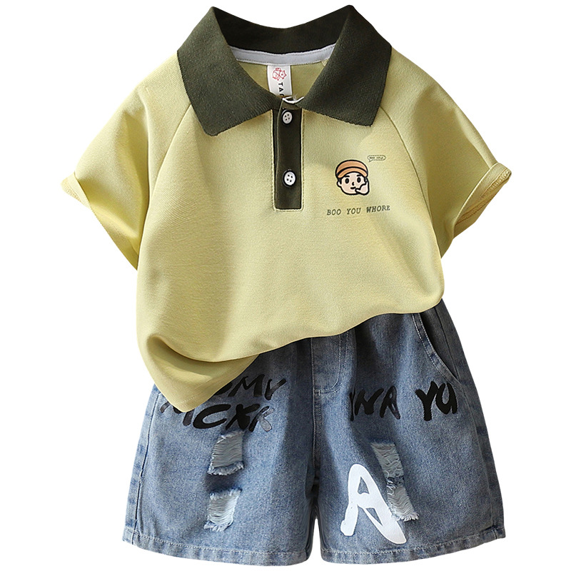 7427 Traje de verano para niños 2025 Nuevo vestido de verano para niños Camisa polo de manga corta de dos piezas Ropa delgada coreana