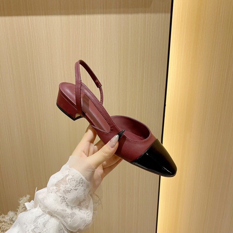 ワインレッドの小香風厚底ヒールシューズ、女性用、バックストラップ付き、スクエアトゥ、配色、ミドルヒール、バックオープン、トゥカバー、サンダル、多用途|undefined