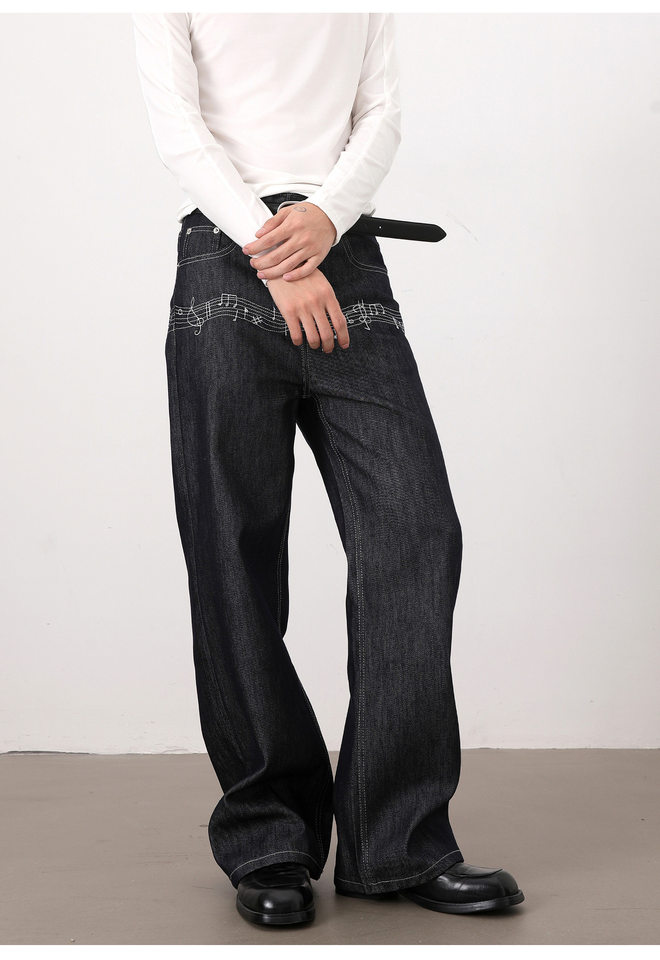 Quần jeans nam màu nguyên bản thêu họa tiết nốt nhạc phong cách retro, dáng cleanfit ống rộng suông chữ A — Xanh nguyên bản chi tiết 17