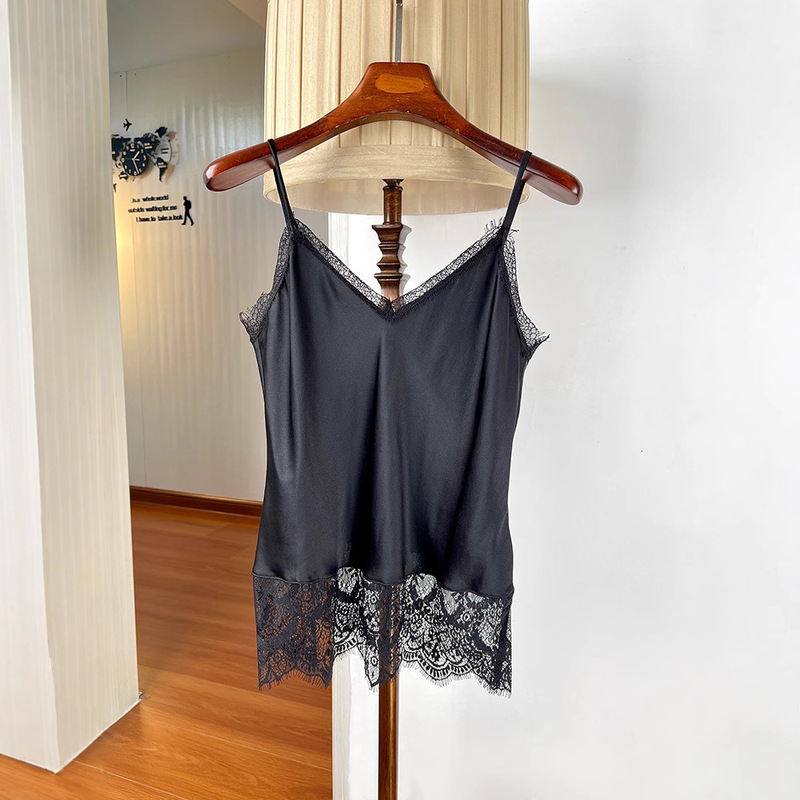 Lace Stitching Mulberry Silk Camisole Women's V-neck Slim-fit Base Silk Satin Top Summer Thin