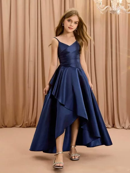 European and American Cross-Border Girls' Satin Strap V-Neck Dress with a Flared Skirt for Banquets, Parties, and Flower Girl Runway Shows