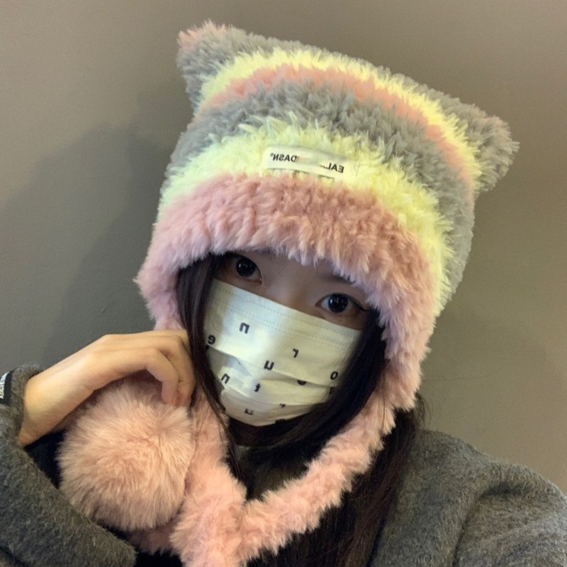 冬季小熊2025新毛绒护耳针织帽女韩版百搭显脸小毛线帽子2025新款|undefined