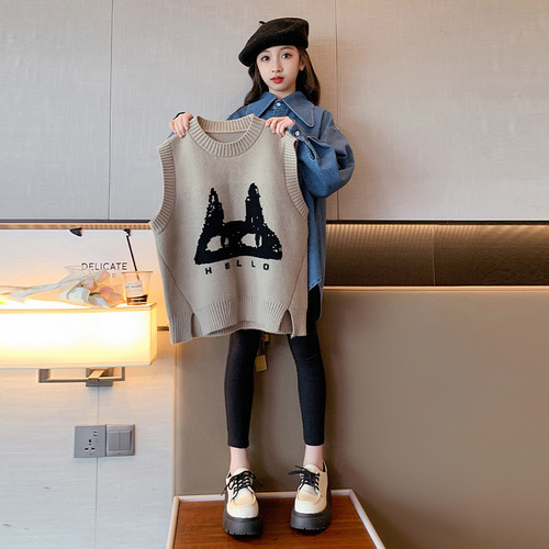 Spring Outfit 2024 New Fashionable and Trendy School Style Large Child Girl Set of Two Tops and Vests with Korean Style