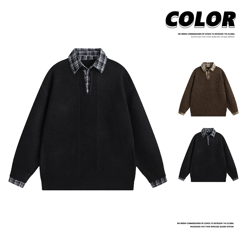 Cross-border wholesale high-quality high-density alpaca wool plaid patchwork faux two-piece shirt collar sweater for men, autumn and winter fashion, loose fit