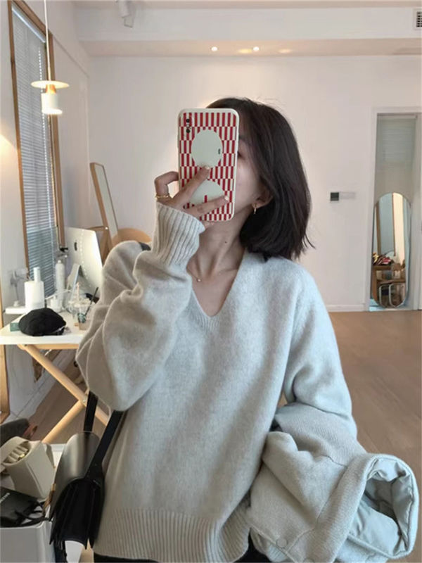 山力达迪V领套头慵懒风毛衣女秋冬软糯针织打底衫韩版洋气时尚显|undefined
