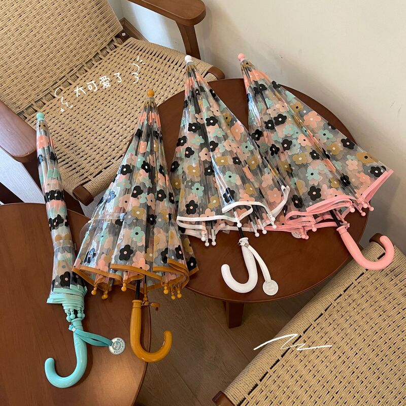 Colorful flower children transparent umbrella girl princess arch kindergarten baby boy long handle umbrella cute cartoon