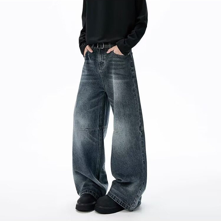 Unisex Retro Minimalist Wide Leg Jeans Blue Grey Stylish Straight Leg Drape Trendy Men's Clothing Denim_mkmklike.com