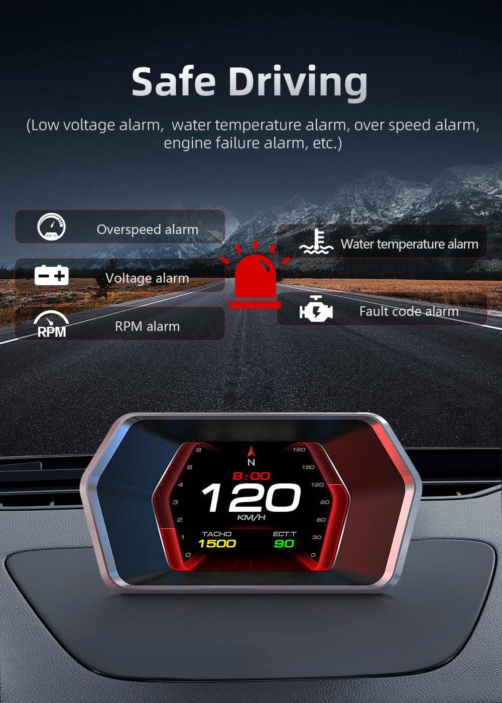 Cross-border HUD Head-Up Display OBD+GPS Car LCD Speedometer RPM Fuel Consumption Water Temperature Multi-Function Dashboard