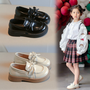 Girls' black leather shoes 2024 Spring and Autumn new soft bottom Princess bow single shoes simple slip-on loafers
