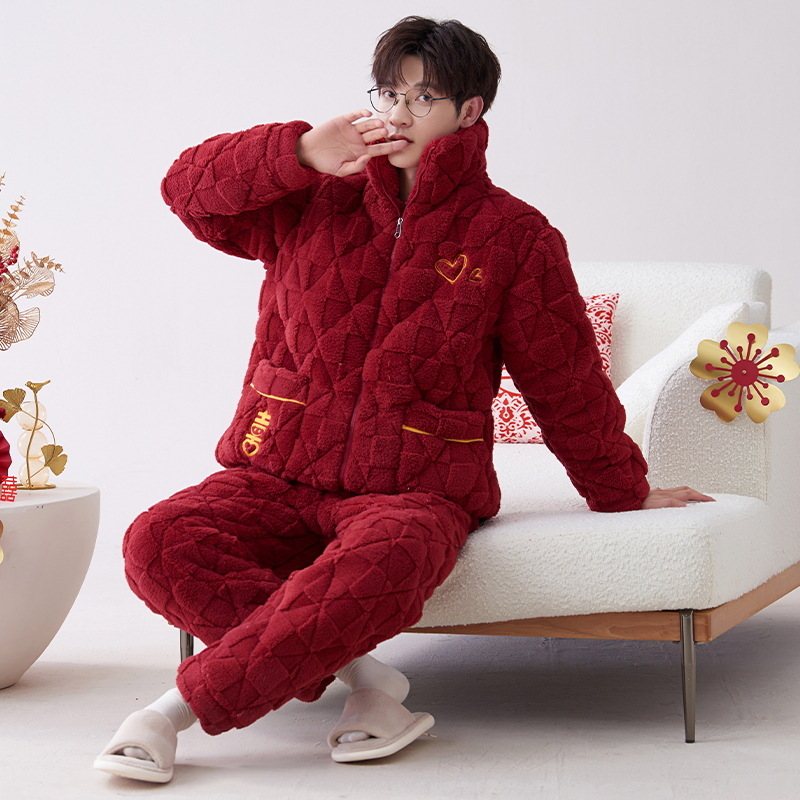 Pijamas de los hombres de invierno de coral de lana de tres capas traje acolchado 2023 nueva franela de invierno de los hombres más tamaño homewear