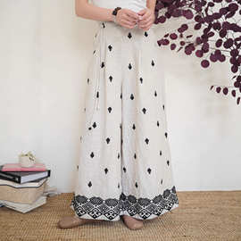 女装2025早秋新款度假风沙滩刺绣亚麻松紧腰系带宽腿裤