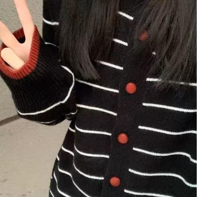 韩系撞色条纹针织衫女2025秋气质休闲高级感长袖开衫软糯百搭外套|undefined