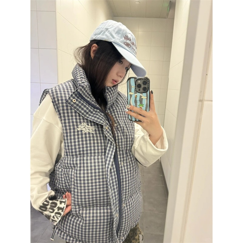 美式棉服羽绒棉马甲刺绣潮牌复古格子棉衣外套男女款立领加棉马夹|undefined
