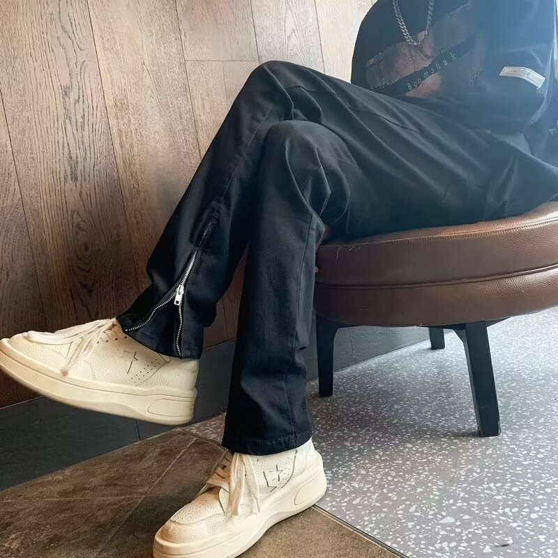 Pantalones vaqueros rasgados viejos lavados de la calle americana primavera y otoño de los hombres pantalones largos de estilo vibe de la calle alta de la moda recta suelta