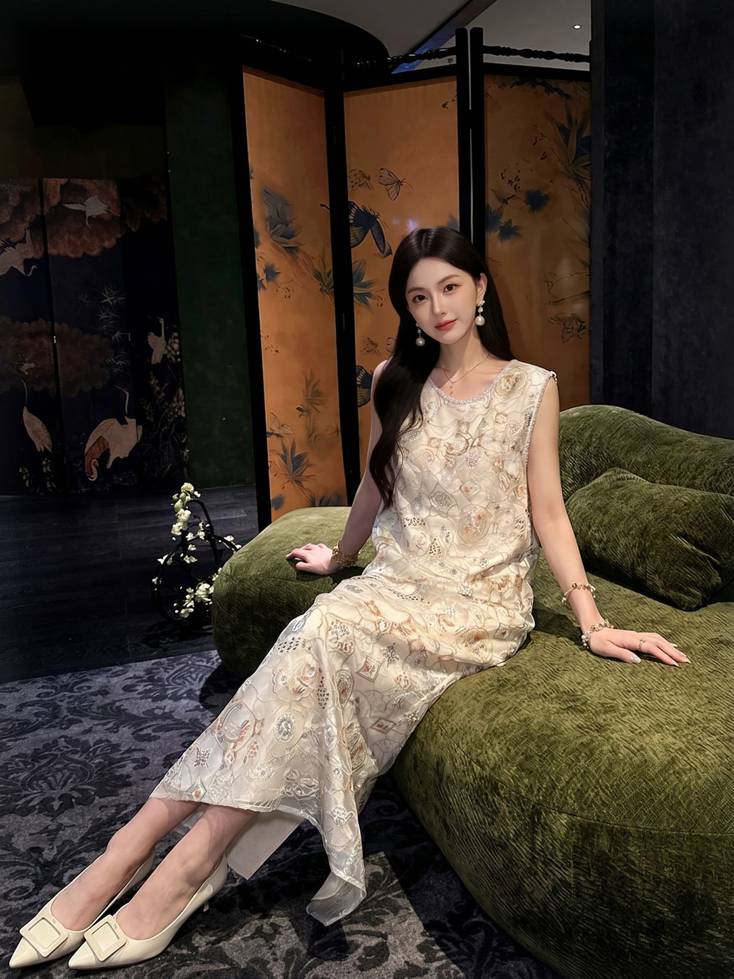 Bộ áo vest không tay và chân váy midi thêu ren cườm phong cách Tân Trung Hoa — bộ đồ, nửa váy, Trang chủ
