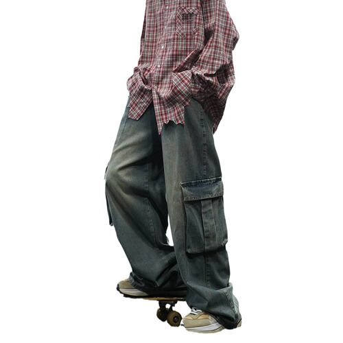 American High Street Citboy Washed Denim Men's Large Pocket Work Straight Leg Pants Spring and Autumn Trend Brand Loose Straight Leg Pants