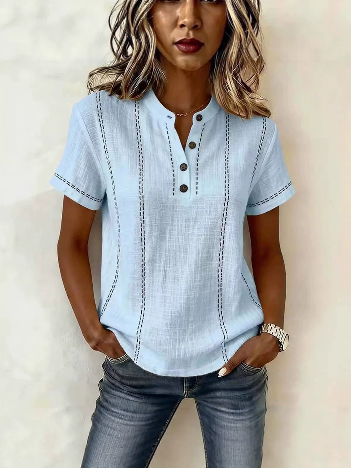 Transfronterizo 2026 estación independiente Amazon verano relajado casual explosión impresa botón de cuello de pie camisa de mujer de manga corta