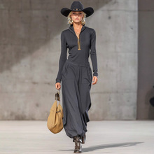 跨境欧美外贸女装亚马逊秋冬新款拉链立领口袋休闲上衣+裤子套装