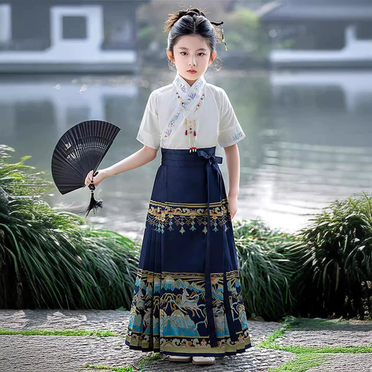 Китайский стиль ребенка Hanfu летом с короткими рукавами тонкая юбка принцесса маленькая девочка повседневная лошадь юбка