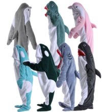 跨境卡通新款鲨鱼睡袋海豚鲸鱼连体睡衣法兰绒家居服鲨鱼睡袋毯子