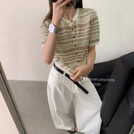 2026夏季新款韩系宽松显瘦圆领提花竹节麻针织短袖女薄款百搭上衣