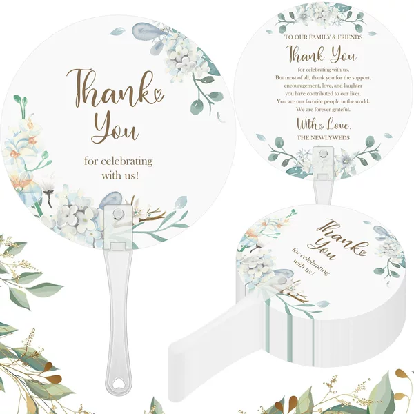 20-Pack Thank You Green Leaf Double-Sided Printed Plastic Wedding Guest Fans Wedding Photo Props